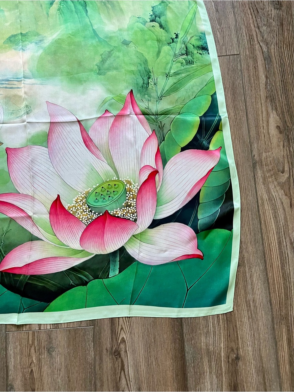 100% silk Florals  Lotus Silk Scarf with Pink & Green Watercolor Design - Picture 3 of 10